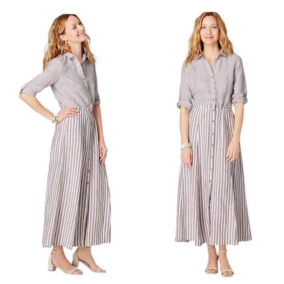 J. Jill Sz M 100% Linen Dress Button Up Striped Latte Tan White Cinched Waist - Picture 1 of 11